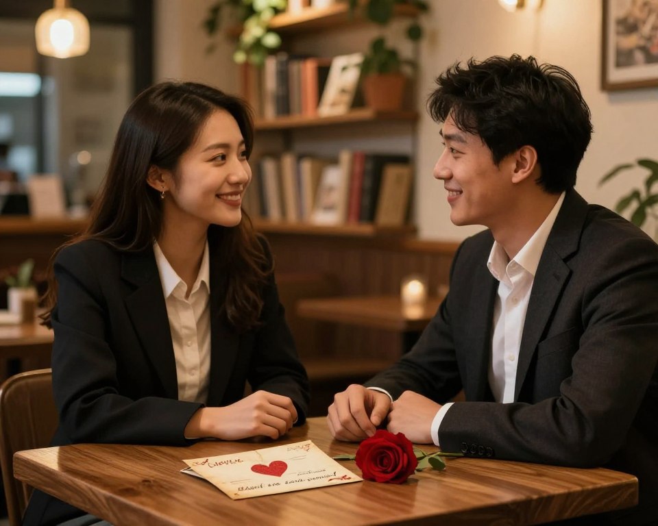 A cozy, intimate café setting in the foreground, featuring a small wooden table adorned with a vintage love letter and a single red rose, softly illuminated by warm, ambient lighting. In the middle ground, a couple is seated across from each other, smiling and sharing a moment, dressed in professional business attire that conveys elegance and charm. The background showcases softly blurred shelves filled with books and plants, contributing to a romantic atmosphere. The overall mood is warm, inviting, and filled with a sense of connection, highlighting the idea of romantic pick-up lines as a way to spark love. The composition should evoke feelings of affection and tenderness, inviting viewers to imagine heartfelt conversations.