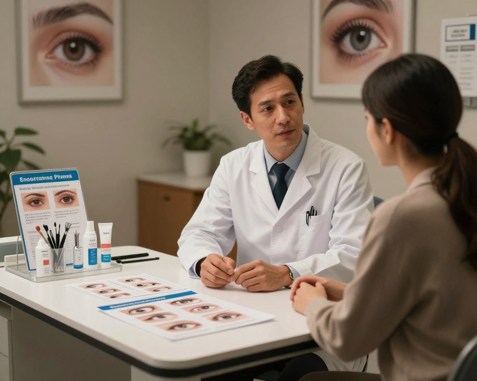 A dimly lit, professional medical consultation room focused on the topic of eye treatment contraindications. In the foreground, a sleek consultation table is adorned with informative charts displaying common conditions and treatments related to under-eye issues, like puffiness and dark circles. A well-organized display of medical tools and skincare products subtly highlights the theme. The middle ground features a medical professional, dressed in a white lab coat and modest business attire, thoughtfully discussing with a patient, who appears engaged and curious. In the background, soft-focus artwork of healthy eye aesthetics enhances the atmosphere. The lighting is gentle and warm, creating a reassuring yet clinical environment, with a slight vignette effect to draw attention to the central figures and charts, evoking a mood of trust and professionalism.