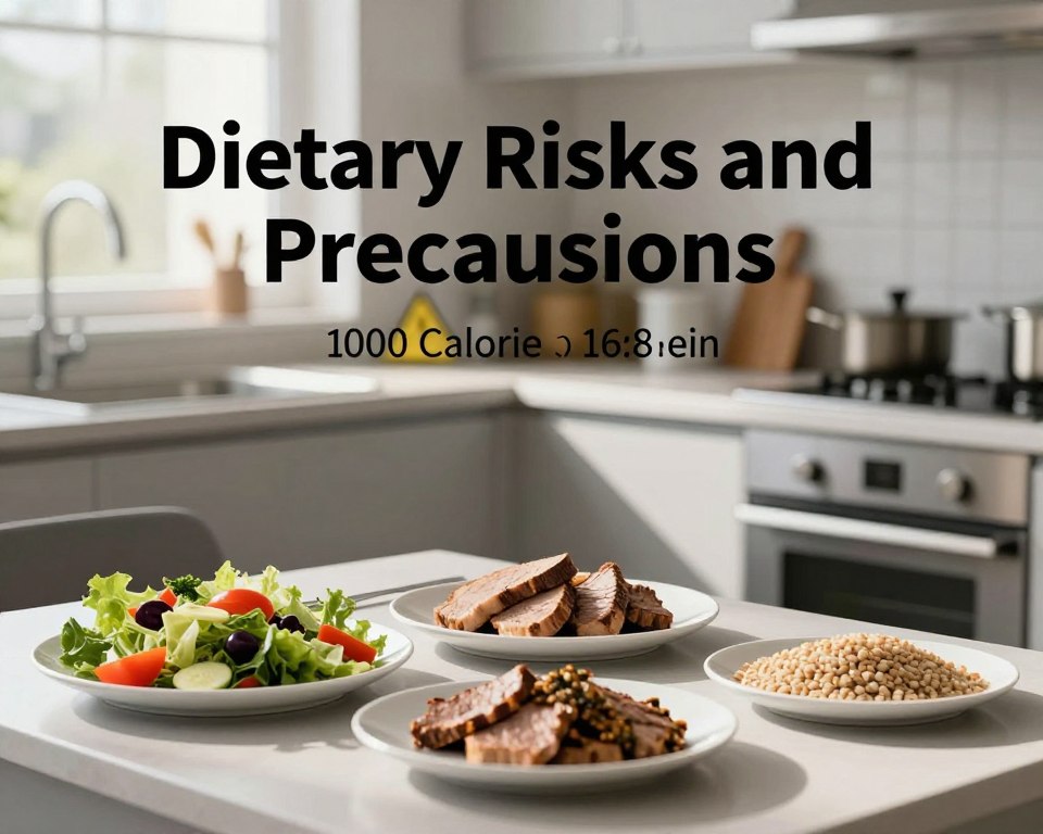 A visually striking and thoughtfully composed image illustrating the theme of "Dietary Risks and Precautions" related to a 1000 calorie diet and 16:8 fasting method. In the foreground, display an array of healthy but modest meal options on a table, such as colorful salads, lean proteins, and whole grains, neatly arranged on white plates. In the middle, include a sleek kitchen environment with soft, natural lighting filtering through a window, casting gentle shadows across the countertop. In the background, add subtle hints of warning symbols, like caution signs or exclamation marks, blending into the decor, reflecting the risks associated with extreme dieting. The overall atmosphere should be serious yet informative, emphasizing caution and mindfulness in dietary choices.