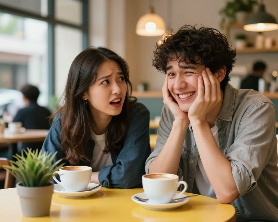 A whimsical café setting, showcasing a playful interaction between two young adults, one with a cheeky grin, delivering a cringe-worthy pick-up line. The foreground features a brightly colored table with coffee cups and a small potted plant, adding warmth to the scene. In the middle ground, the two figures, dressed in casual, stylish clothing, are engaged in exaggerated expressions of amusement and embarrassment, emphasizing the cringe factor of the moment. The background reveals a cozy café with soft, diffused lighting filtering through large windows, creating an inviting atmosphere. The warm color palette enhances a lighthearted mood, while the angle captures both faces in close-ups, highlighting their playful engagement without any text or branding.