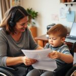 Rodzic z dzieckiem niepełnosprawnym przeglądający dokumenty dotyczące urlopów dla rodziców dzieci niepełnosprawnych