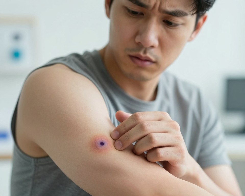 A close-up view of a concerned individual examining a bruise on their arm, illustrating potential medical issues. The foreground focuses on the person's hand gently touching a dark purple bruise, highlighting skin texture and color contrast. In the middle ground, the individual's face shows a worried expression, wearing modest casual clothing to maintain professionalism. The background is softly blurred, suggesting a bright, sterile doctor's office environment, with abstract medical tools subtly visible. Natural lighting filters in, casting soft shadows and creating a calm yet serious atmosphere. The image should evoke concern and reflection on health issues, without showing any explicit details.