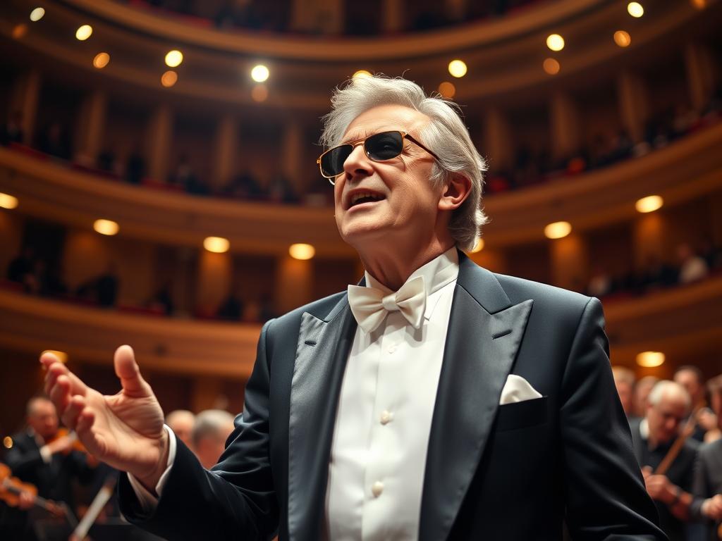 Andrea Bocelli podczas koncertu w Teatrze Wielkim, sławny niewidomy tenor w eleganckim garniturze Andrea Bocelli podczas koncertu w Teatrze Wielkim, sławny niewidomy tenor w eleganckim garniturze