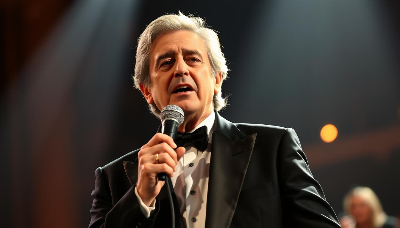 Andrea Bocelli podczas występu na scenie, niewidomy tenor śpiewający z mikrofonem