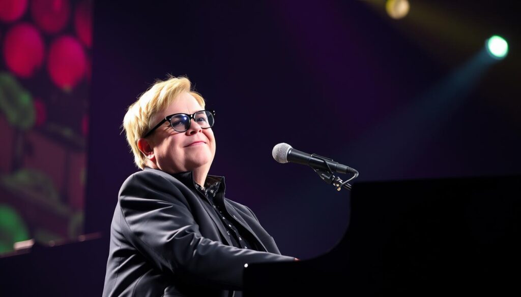 Elton John podczas koncertu w charakterystycznych okularach, muzyk przy fortepianie Elton John podczas koncertu w charakterystycznych okularach, muzyk przy fortepianie