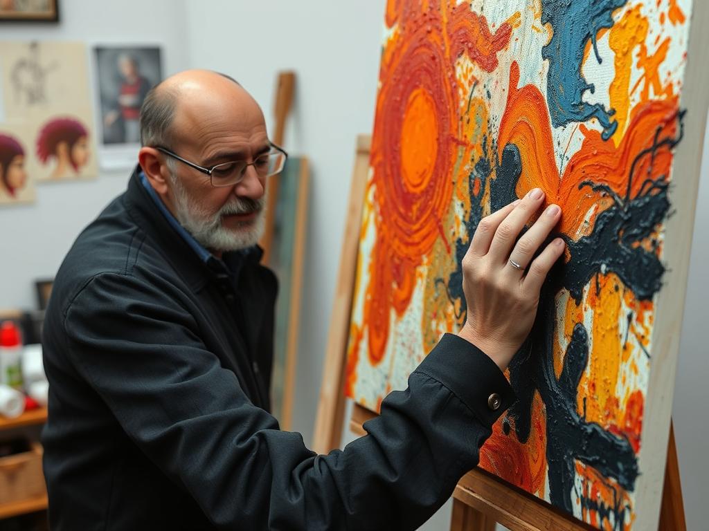 Esref Armagan malujący obraz, niewidomy turecki artysta przy pracy Esref Armagan malujący obraz, niewidomy turecki artysta przy pracy