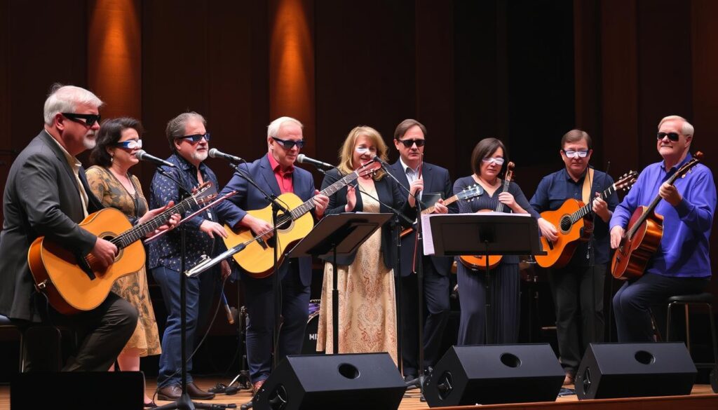 Grupa niewidomych artystów podczas wspólnego występu, sławni niewidomi muzycy na jednej scenie Grupa niewidomych artystów podczas wspólnego występu, sławni niewidomi muzycy na jednej scenie