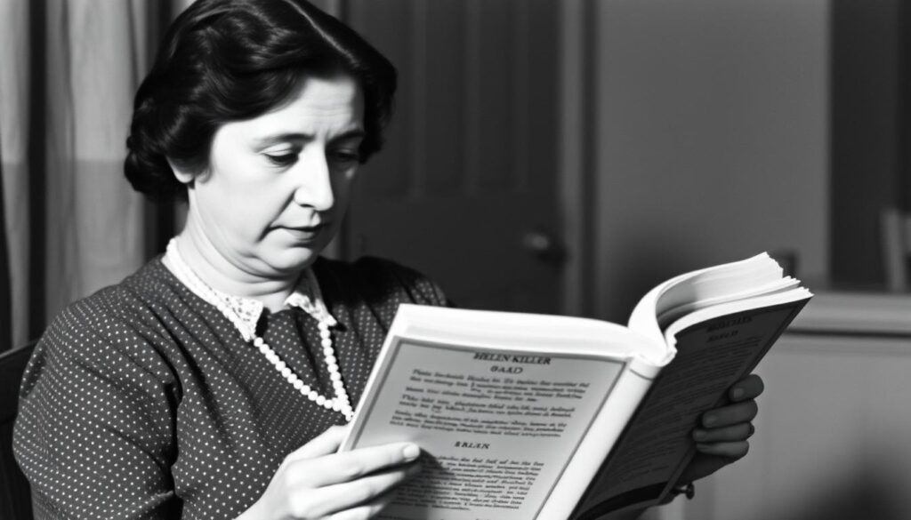 Helen Keller czytająca książkę w alfabecie Braille'a, sławna głuchoniewidoma pisarka i aktywistka Helen Keller czytająca książkę w alfabecie Braille'a, sławna głuchoniewidoma pisarka i aktywistka