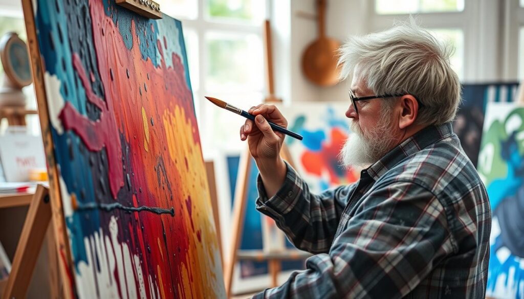 John Bramblitt malujący obraz, niewidomy artysta przy płótnie z pędzlem w dłoni John Bramblitt malujący obraz, niewidomy artysta przy płótnie z pędzlem w dłoni