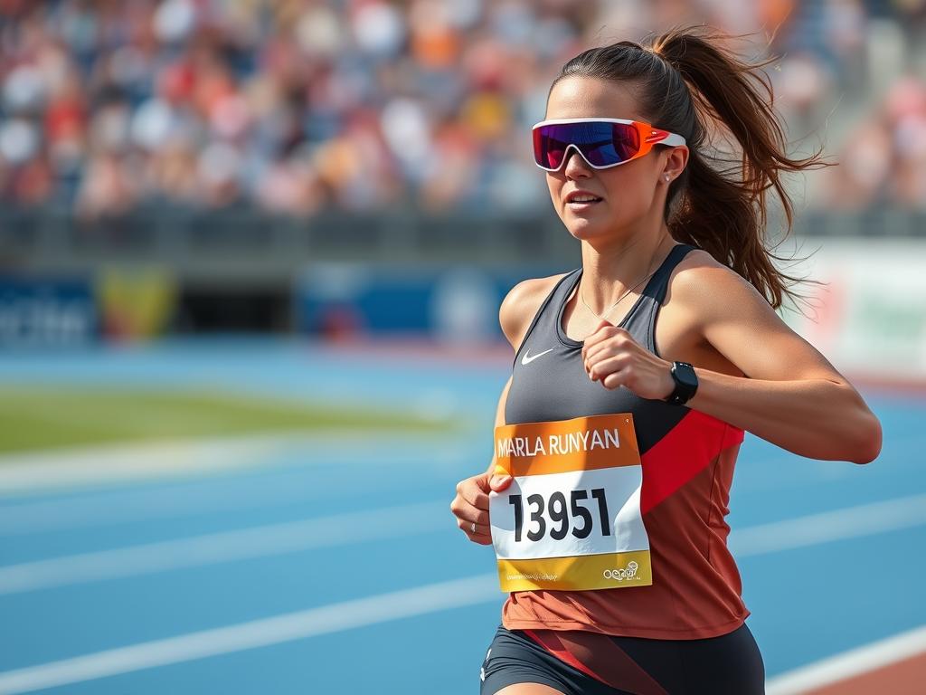 Marla Runyan podczas biegu, niewidoma lekkoatletka olimpijska na torze Marla Runyan podczas biegu, niewidoma lekkoatletka olimpijska na torze