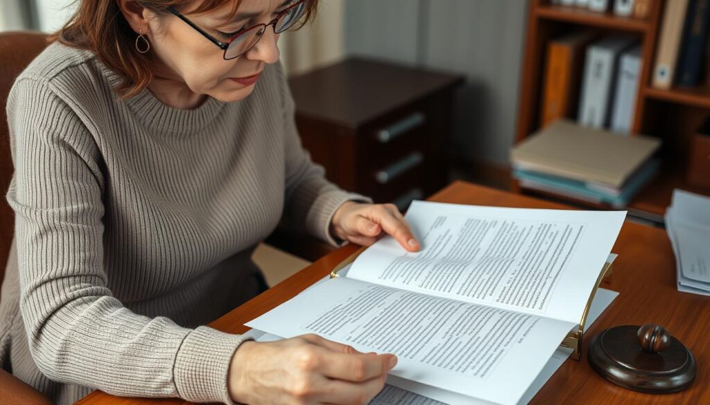 Opiekun osoby niepełnosprawnej czytający dokumenty prawne dotyczące świadczeń i zatrudnienia Opiekun osoby niepełnosprawnej czytający dokumenty prawne dotyczące świadczeń i zatrudnienia