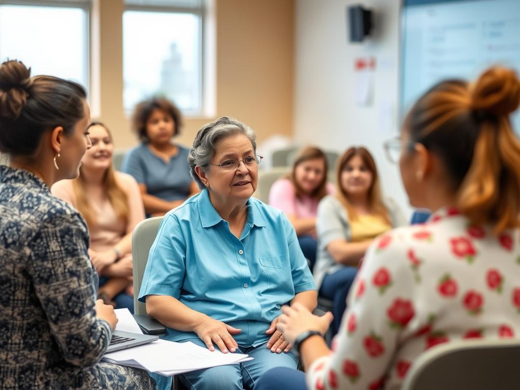 Opiekun osoby niepełnosprawnej na szkoleniu zawodowym, w sali szkoleniowej z innymi uczestnikami Opiekun osoby niepełnosprawnej na szkoleniu zawodowym, w sali szkoleniowej z innymi uczestnikami