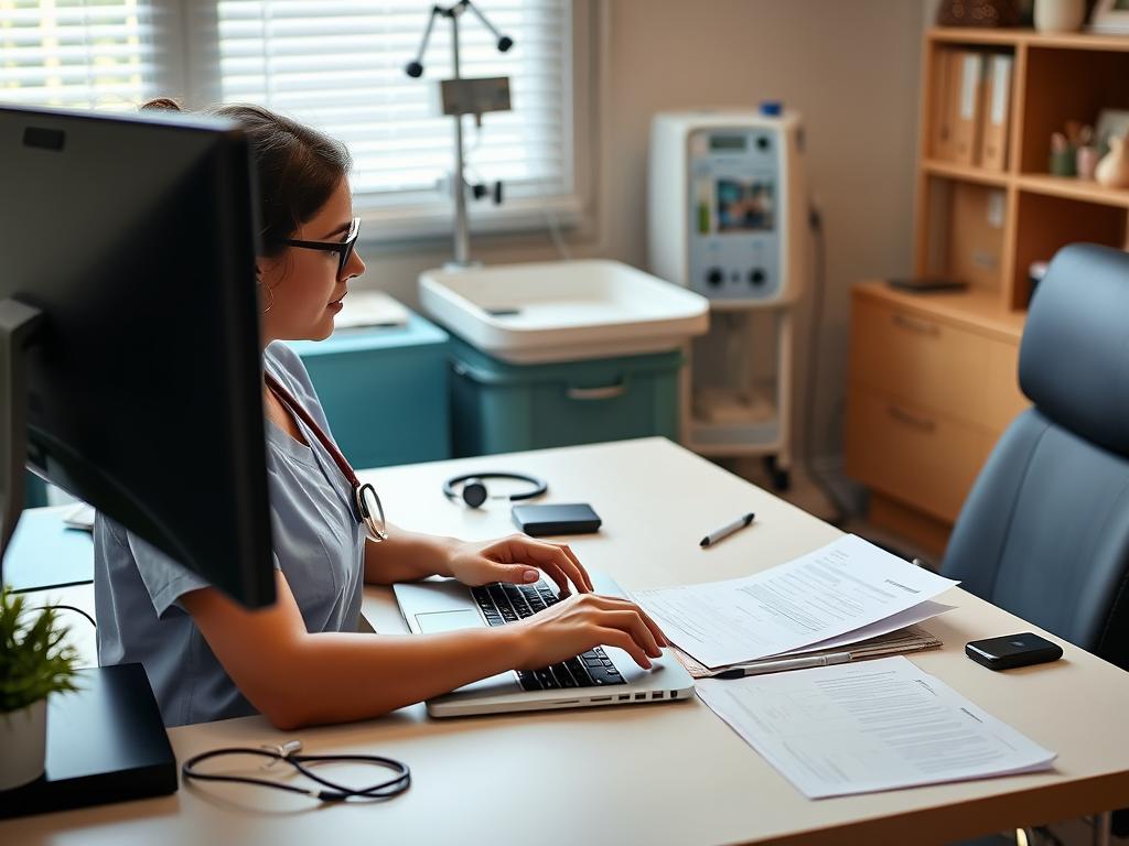 Opiekun osoby niepełnosprawnej pracujący zdalnie przy biurku w domu, z widocznym sprzętem medycznym w tle Opiekun osoby niepełnosprawnej pracujący zdalnie przy biurku w domu, z widocznym sprzętem medycznym w tle