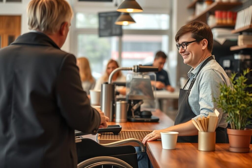 Osoba niepełnosprawna pracująca w weekend w kawiarni, obsługująca klientów Osoba niepełnosprawna pracująca w weekend w kawiarni, obsługująca klientów