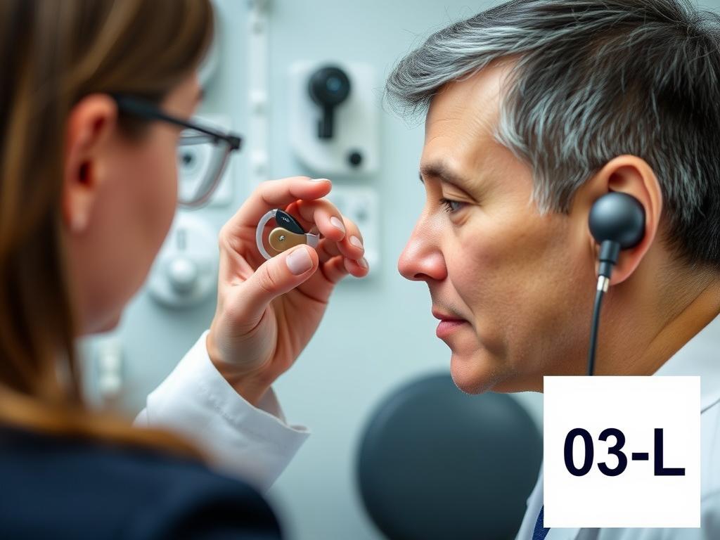 Osoba z aparatem słuchowym podczas badania słuchu z symbolem niepełnosprawności 03-L Osoba z aparatem słuchowym podczas badania słuchu z symbolem niepełnosprawności 03-L