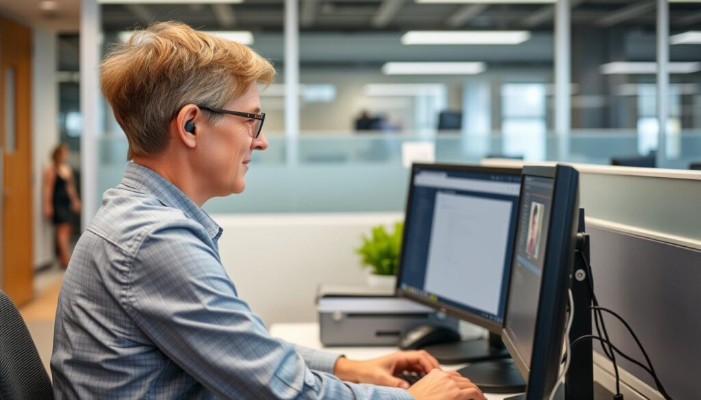 Osoba z symbolem niepełnosprawności 03-L w miejscu pracy z dostosowanym stanowiskiem Osoba z symbolem niepełnosprawności 03-L w miejscu pracy z dostosowanym stanowiskiem