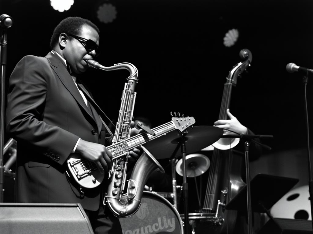 Rahsaan Roland Kirk grający na kilku instrumentach jednocześnie, niewidomy multiinstrumentalista jazzowy Rahsaan Roland Kirk grający na kilku instrumentach jednocześnie, niewidomy multiinstrumentalista jazzowy