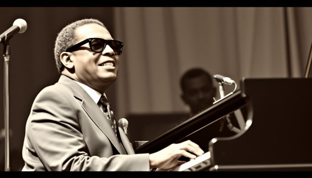 Ray Charles podczas występu przy fortepianie, sławny niewidomy muzyk w charakterystycznych okularach Ray Charles podczas występu przy fortepianie, sławny niewidomy muzyk w charakterystycznych okularach