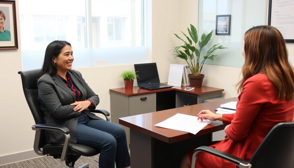 Rozmowa kwalifikacyjna z opiekunem osoby niepełnosprawnej, w biurze z rekruterem Rozmowa kwalifikacyjna z opiekunem osoby niepełnosprawnej, w biurze z rekruterem