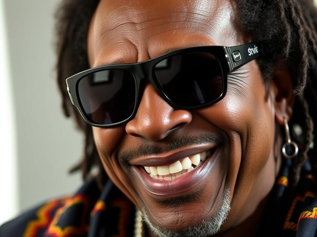 Stevie Wonder bez okularów podczas wywiadu, uśmiechnięty niewidomy muzyk Stevie Wonder bez okularów podczas wywiadu, uśmiechnięty niewidomy muzyk