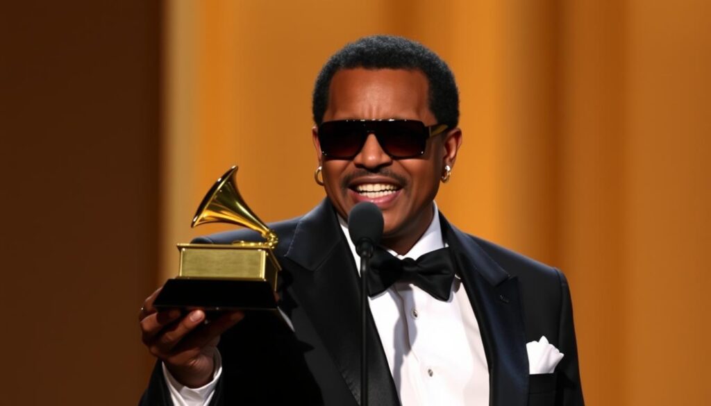 Stevie Wonder odbierający nagrodę Grammy, sławny niewidomy muzyk na scenie Stevie Wonder odbierający nagrodę Grammy, sławny niewidomy muzyk na scenie