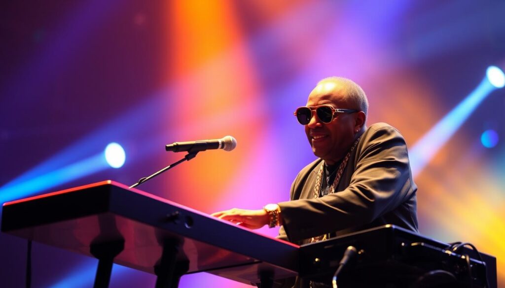 Stevie Wonder podczas występu, niewidomy muzyk grający na instrumentach klawiszowych, z charakterystycznymi okularami Stevie Wonder podczas występu, niewidomy muzyk grający na instrumentach klawiszowych, z charakterystycznymi okularami