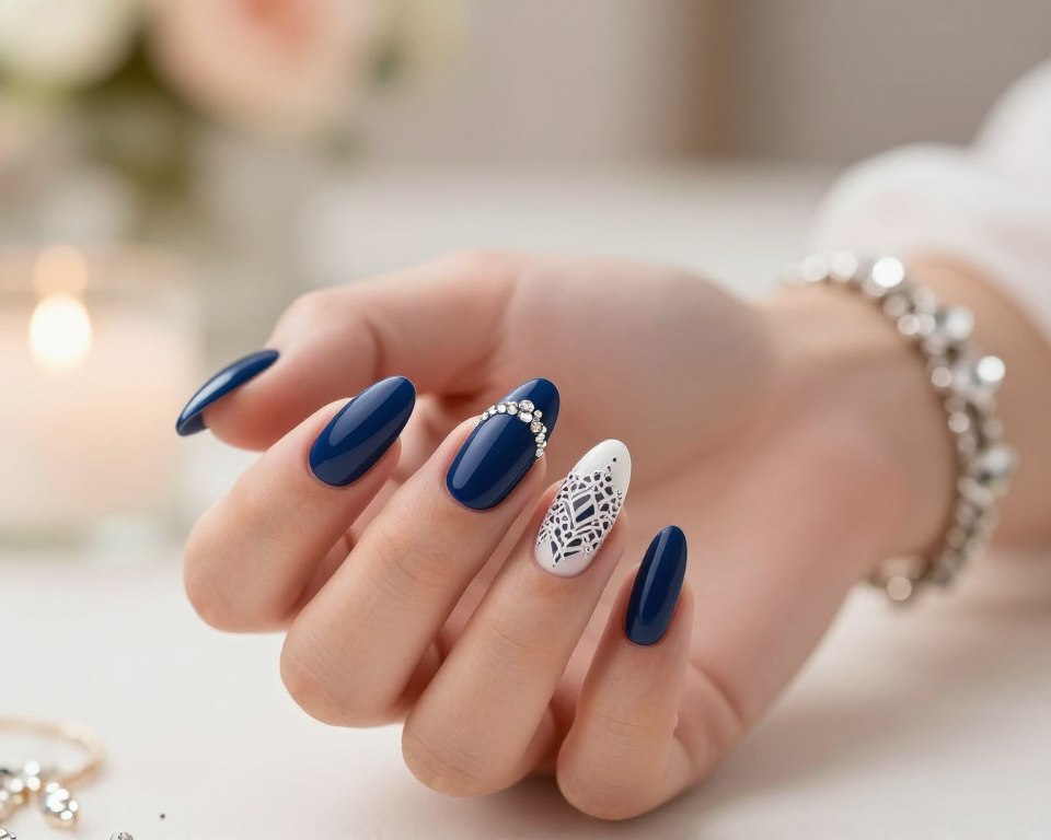 A close-up of elegantly manicured nails featuring a deep navy blue base with delicate white accents, suitable for a wedding celebration. The foreground showcases the nails with intricate designs, such as lace patterns and sparkling rhinestones. In the middle, a soft focus reveals a stylish hand adorned with a chic bracelet, conveying a sense of refinement. The background features a blurred, romantic setting with gentle bokeh effects, evoking a festive atmosphere. The lighting is soft and warm, enhancing the colors and adding a luxurious feel. The overall mood is one of sophistication and celebration, perfect for a special occasion.