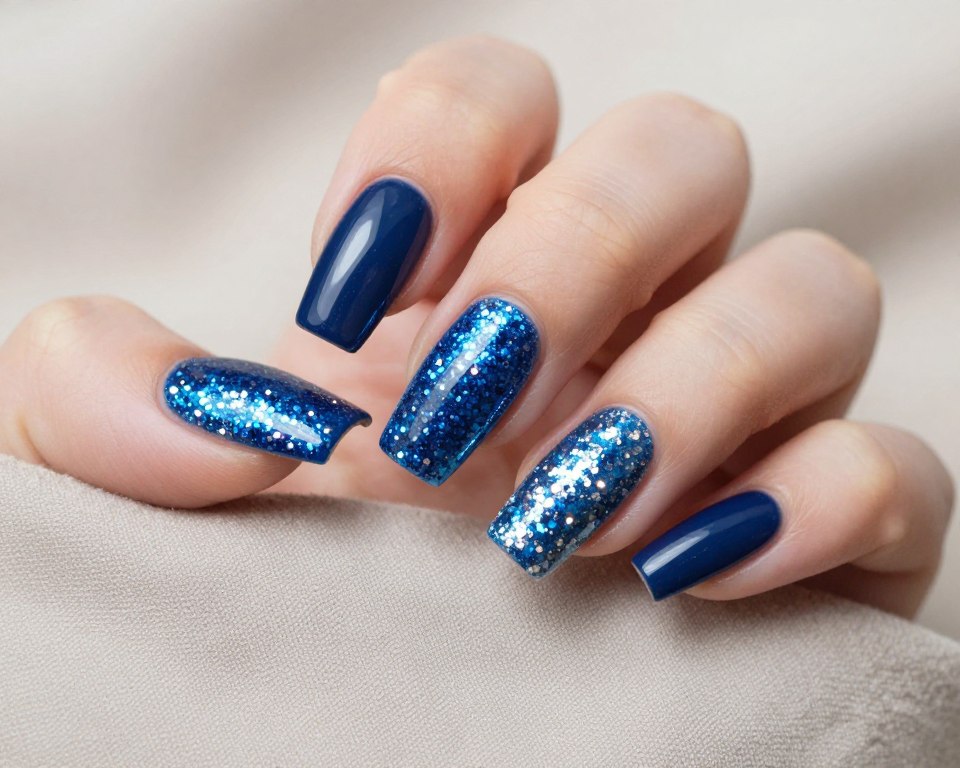 A close-up view of stunning blue acrylic nails with sparkling glitter accents, arranged elegantly on a soft, neutral fabric background. The nails feature a glossy finish, showing off a blend of deep navy and vibrant sky blue hues, adorned with dazzling silver glitter that catches the light beautifully. The scene captures a soft, diffused natural light that enhances the glitter's shimmer and highlights the nail art's intricate details. Set at a slight angle, allowing for a dynamic perspective, the composition evokes a luxurious and trendy feel. The overall mood should be chic and fashionable, ideal for capturing the essence of stylish nail art.