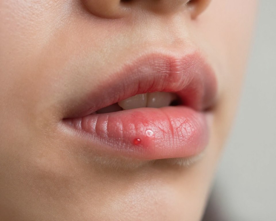 A detailed and close-up view of a human lip showcasing a herpes simplex outbreak, focusing on the blistering and redness characteristic of an active cold sore. The foreground emphasizes the texture and inflammation of the affected area, with a soft-focus effect to highlight the nuances of the skin condition. The middle layer includes subtle hints of surrounding skin that appears healthy and contrasts with the blisters. The background is a minimalist, neutral tone, creating a clinical and informative atmosphere. Natural lighting casts gentle shadows, giving depth to the image, and a macro lens captures the details with precision. The overall mood should evoke a sense of awareness and caution regarding proper care and hygiene practices.