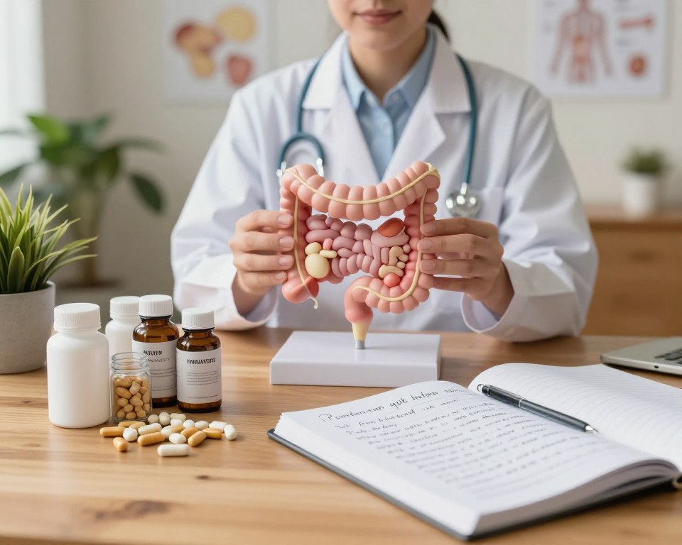 A serene and informative scene depicting the theme of gut health treatment. In the foreground, a set of various natural supplements and probiotic capsules arranged neatly on a wooden table, with a notebook filled with handwritten notes about gut microbiota and treatment strategies. The middle layer features a healthcare professional in a lab coat, thoughtfully studying an anatomical model of the human gut, symbolizing pharmacological support for gut healing. In the background, soft, warm lighting illuminates a serene consultation room with plants and medical charts on the walls, conveying a calm and welcoming atmosphere. The overall mood is one of professionalism, knowledge, and hope, reflecting the importance of safe gut health practices. The perspective is slightly elevated, focusing on the subjects, with an emphasis on details and clarity.