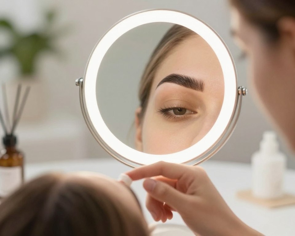 A serene and inviting scene focused on the healing process of eyebrow tattooing, showcasing a close-up of beautifully shaped, dark eyebrows transitioning to a natural look. In the foreground, there's a gentle touch of a hand applying soothing balm, suggesting care and recovery. The middle layer features a softly lit mirror reflecting the eyebrows, highlighting their smooth texture and fading pigmentation. The background is softly blurred, suggesting a calm room with subtle beauty tools and plants, enhancing the atmosphere of relaxation and self-care. Soft, natural lighting streams in, creating a warm, inviting glow that underscores the transformation from bold to natural. The scene conveys a mood of serenity and renewal, ideal for illustrating the theme of healing and maintenance.