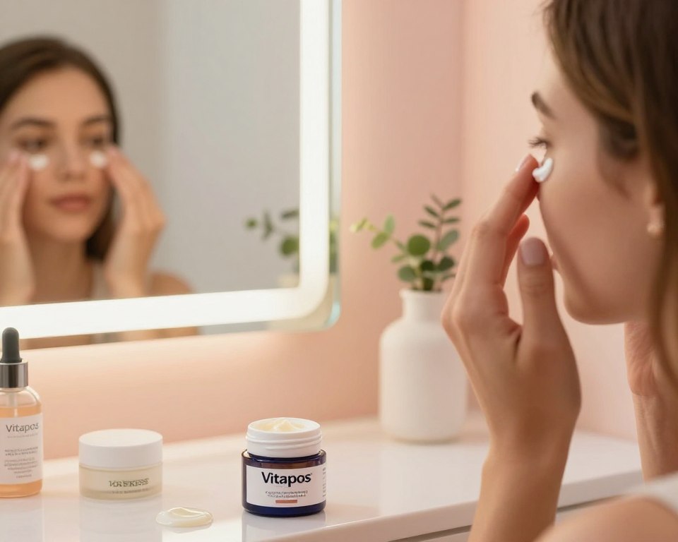 A serene bathroom setting featuring a selection of affordable eye care products, prominently displaying a small jar of Vita-pos eye cream alongside other nourishing creams and ointments. In the foreground, a pair of clean hands gently applies the Vita-pos cream around the eyes of a person with natural makeup, conveying a sense of daily self-care. In the middle ground, a softly lit mirror reflects the scene, emphasizing the serene atmosphere. The background showcases soothing pastel-colored walls and subtle greenery, enhancing the calming vibe. The lighting is warm and inviting, creating a cozy ambiance, with a focus on the soothing ritual of eye care, emphasizing hydration and makeup preparation.