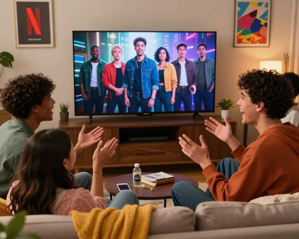 A vibrant social media scene depicting a group of diverse young adults engaged in a spirited discussion over their favorite Netflix shows. In the foreground, three friends—two males and one female—are laughing and exchanging ideas while seated on a cozy couch, dressed in stylish, casual clothing. In the middle ground, a large flat-screen TV displays a popular series, subtly reflecting their excitement. The background features stylish decor with elements reminiscent of social media aesthetics, such as colorful posters and cozy lighting. The atmosphere is lively and energetic, encapsulating the essence of youthful engagement with digital culture. The lighting is warm and inviting, creating a sense of connection and camaraderie among the friends. A vibrant social media scene depicting a group of diverse young adults engaged in a spirited discussion over their favorite Netflix shows. In the foreground, three friends—two males and one female—are laughing and exchanging ideas while seated on a cozy couch, dressed in stylish, casual clothing. In the middle ground, a large flat-screen TV displays a popular series, subtly reflecting their excitement. The background features stylish decor with elements reminiscent of social media aesthetics, such as colorful posters and cozy lighting. The atmosphere is lively and energetic, encapsulating the essence of youthful engagement with digital culture. The lighting is warm and inviting, creating a sense of connection and camaraderie among the friends.