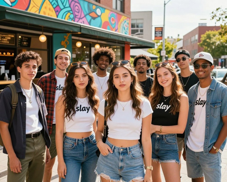 A vibrant, youth-oriented scene depicting the essence of the slang term "slay" in modern youth culture. In the foreground, a diverse group of stylish, young adults is confidently showcasing their unique fashion choices, radiating self-assurance and charisma. They are gathered in a lively urban environment with bright murals and trendy coffee shops in the middle ground. The background features a sunny cityscape, enhancing the energetic atmosphere. The lighting is bright and inviting, creating a warm glow that emphasizes the subjects' expressions of joy and empowerment. Captured with a wide-angle lens to give an immersive feel, the image should evoke a sense of camaraderie and celebration of individuality, highlighting the positive connotations of contemporary youth slang. A vibrant, youth-oriented scene depicting the essence of the slang term "slay" in modern youth culture. In the foreground, a diverse group of stylish, young adults is confidently showcasing their unique fashion choices, radiating self-assurance and charisma. They are gathered in a lively urban environment with bright murals and trendy coffee shops in the middle ground. The background features a sunny cityscape, enhancing the energetic atmosphere. The lighting is bright and inviting, creating a warm glow that emphasizes the subjects' expressions of joy and empowerment. Captured with a wide-angle lens to give an immersive feel, the image should evoke a sense of camaraderie and celebration of individuality, highlighting the positive connotations of contemporary youth slang.
