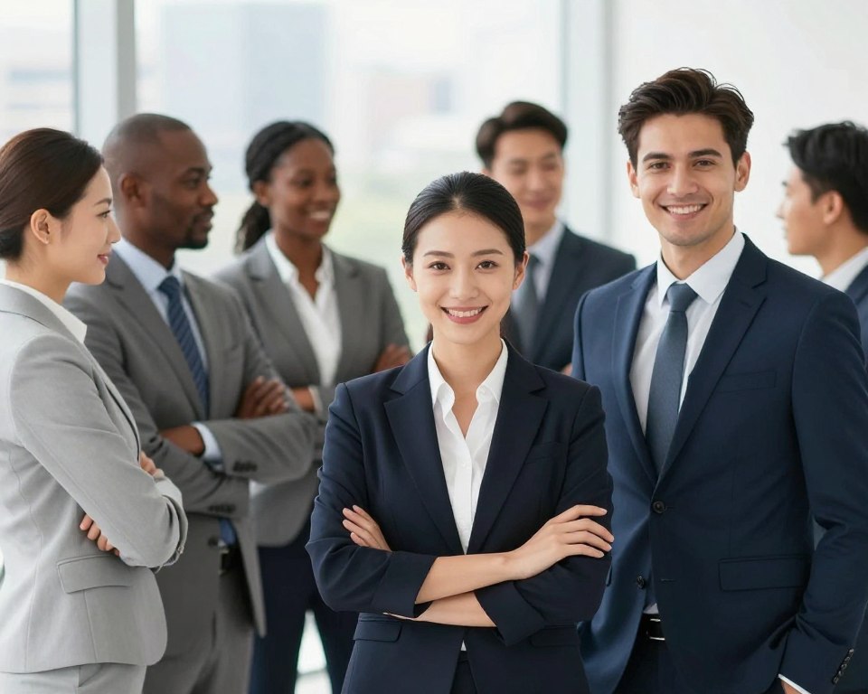 A visually striking and harmonious composition illustrating the concept of physical attractiveness through a diverse group of individuals in professional attire. In the foreground, a confident woman with a warm smile showcases grace and elegance, standing beside a well-groomed man, both exuding charisma. The middle ground features several individuals of various ethnicities, all displaying unique, appealing qualities while engaging in conversation, highlighting the psychological aspects of attractiveness. The background consists of a softly blurred cityscape, suggesting an urban environment that complements their presence. Use bright, natural lighting to create an inviting atmosphere, with a shallow depth of field to enhance focus on the subjects. The overall mood is positive and inspiring, inviting the viewer to reflect on the essence of attractiveness in social contexts.