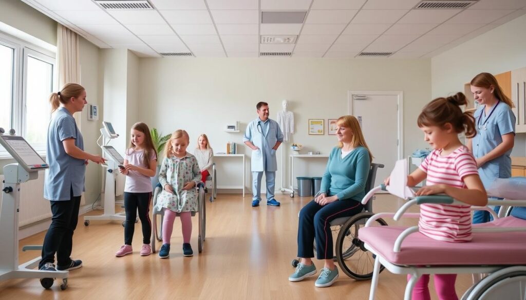 Dzieci i młodzież podczas zajęć rehabilitacyjnych w sanatorium z opiekunem