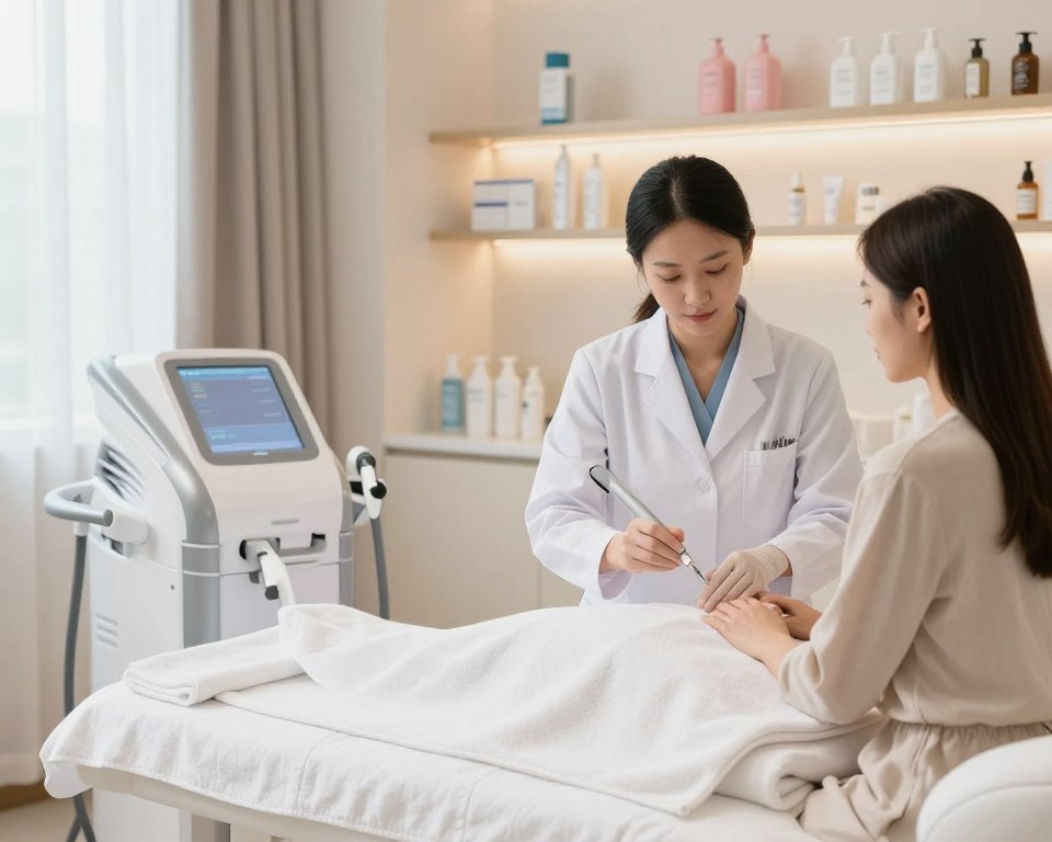 In a serene and professional clinic setting, focus on a well-lit treatment room showcasing modern aesthetic equipment. In the foreground, an elegantly arranged treatment table with clean, white towels and soft lighting creates a calming atmosphere. The middle ground features a confident medical professional, dressed in a neat lab coat, demonstrating the procedure to a patient, depicted respectfully with modest clothing, emphasizing a sense of trust and professionalism. The background includes shelves with skincare products and a soothing color palette of pastels to convey a sense of relaxation. Soft, natural light filters through a nearby window, enhancing the peaceful mood while creating a welcoming environment. The overall composition aims to illustrate the essence of the treatment's cost, duration, and suitability for various individuals.