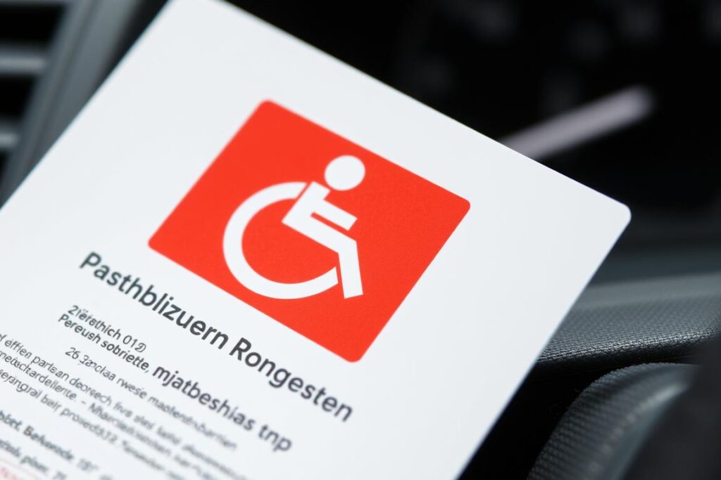 Karta parkingowa dla osób niepełnosprawnych z widocznym symbolem niepełnosprawności
