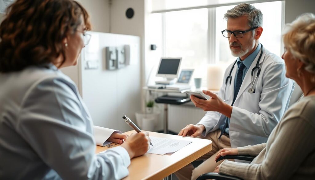 Lekarz wypisujący skierowanie do sanatorium z opiekunem dla pacjenta