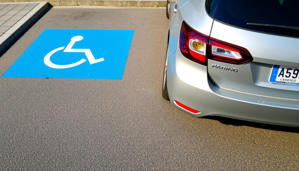 Miejsce parkingowe dla osób niepełnosprawnych (koperta) z prawidłowo zaparkowanym samochodem