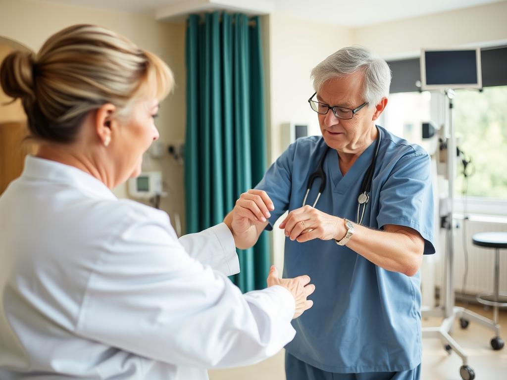 Opiekun pomagający osobie niepełnosprawnej podczas rehabilitacji w sanatorium z opiekunem