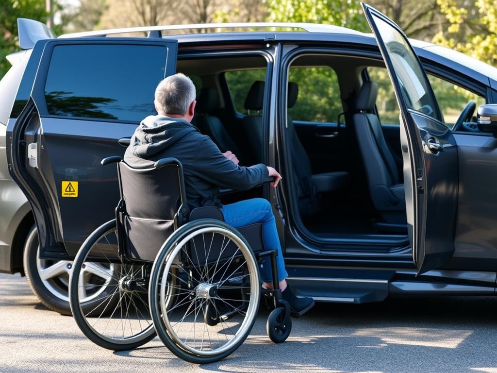 Osoba na wózku inwalidzkim przy dostosowanym samochodzie z kartą parkingową