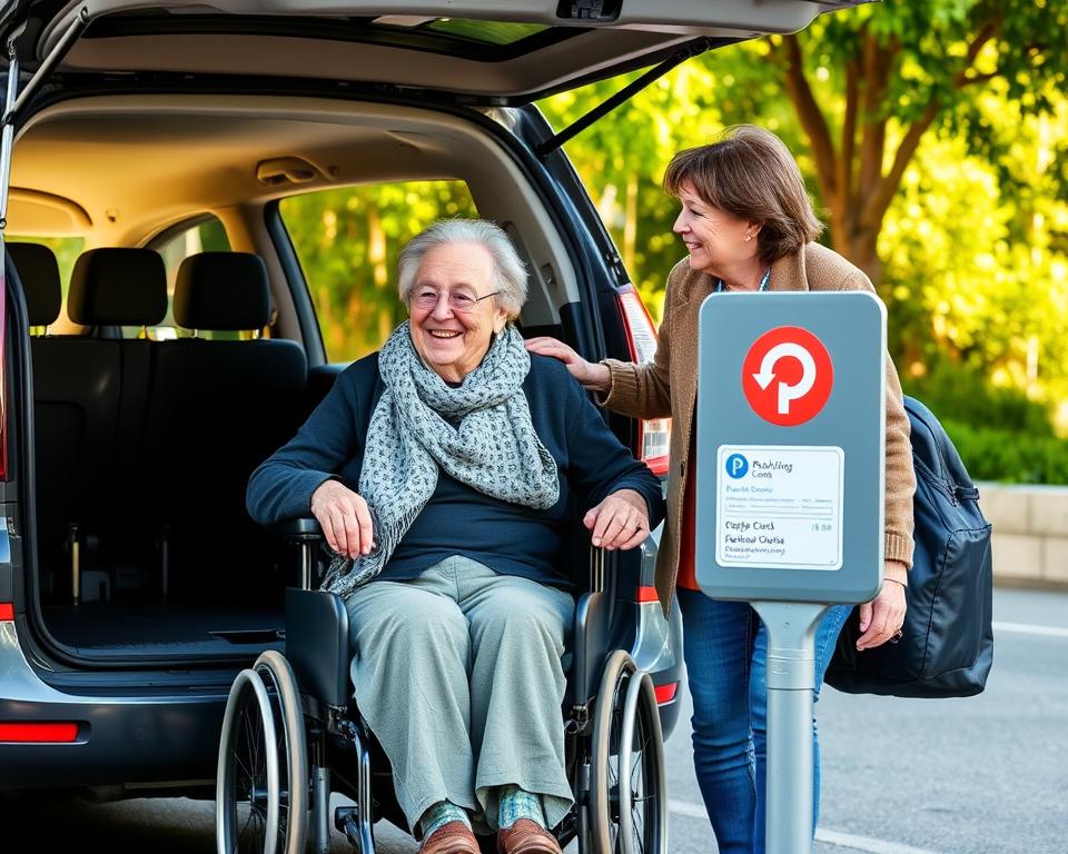 Osoba niepełnosprawna z opiekunem przy dostosowanym samochodzie z widoczną kartą parkingową