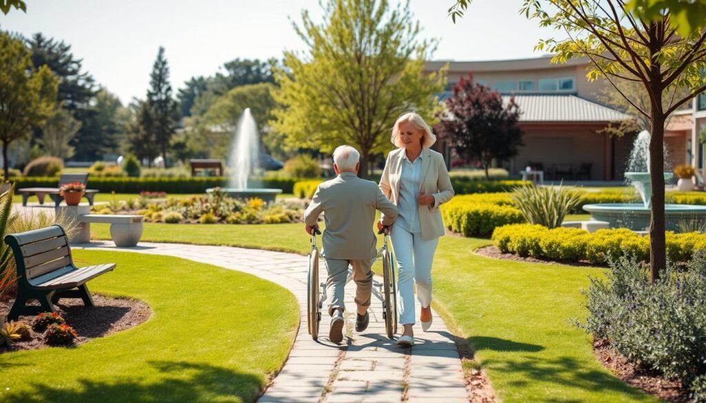 Osoba niepełnosprawna z opiekunem spacerująca po parku zdrojowym w sanatorium z opiekunem