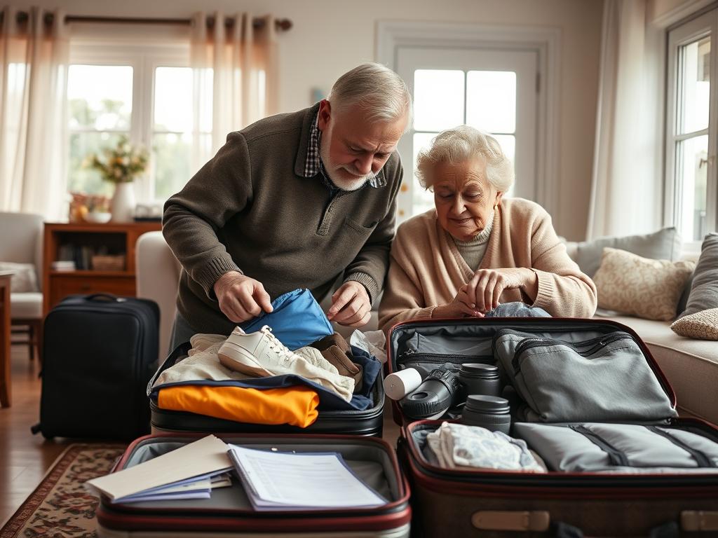 Para seniorów przygotowująca się do wyjazdu do sanatorium z opiekunem