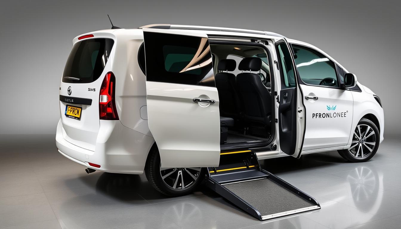 Samochód dostosowany do potrzeb osoby niepełnosprawnej z widocznym logo PFRON