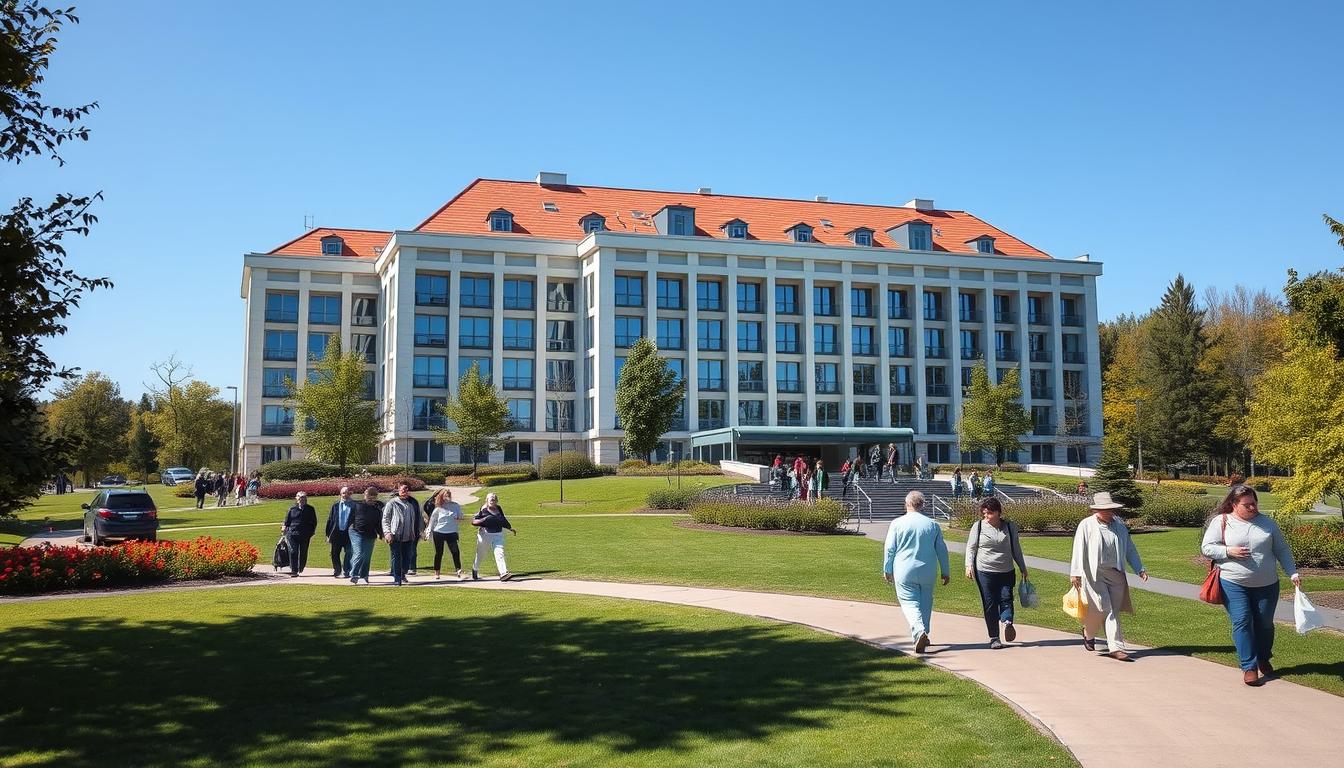 Sanatorium z opiekunem - budynek sanatorium uzdrowiskowego z otaczającym parkiem