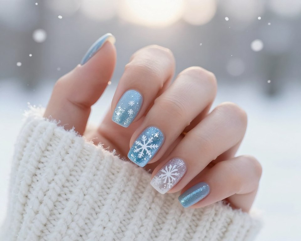 A close-up, beautifully manicured hand showcasing winter nail trends adorned with sparkling glitter and delicate snowflake designs. The nails should be painted in icy blues and whites, with a shimmering finish that reflects light. In the foreground, the hand rests elegantly on a soft, white knitted scarf, creating a cozy winter atmosphere. The background features a subtle out-of-focus winter scene with soft falling snowflakes and gentle light from a winter sun, enhancing the serene mood. The image is captured with a macro lens to highlight the intricate details of the nail art, emphasizing the elegance and seasonal charm. The overall composition should evoke a sense of warmth and festive joy, perfect for the winter season.