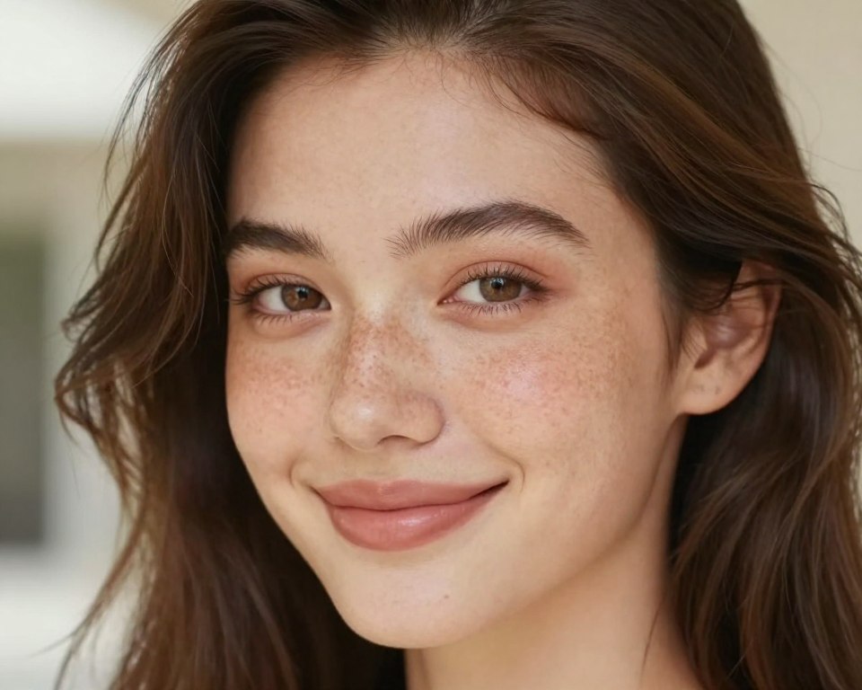 A close-up portrait of a young woman with freckles, showcasing a natural, everyday makeup look. She has a light and fresh complexion with a subtle foundation that enhances her freckles, complemented by soft, neutral eyeshadow and a hint of blush. Her lips are adorned with a sheer, natural lip color. The woman is smiling gently, her hair styled in a casual yet polished manner, perhaps in loose waves. The background is softly blurred, evoking a warm and inviting atmosphere, with natural daylight illuminating her face and highlighting her features. The camera angle is slightly tilted from above, focusing on her expression and makeup details, capturing an essence of effortless beauty and simplicity in daily makeup routines.