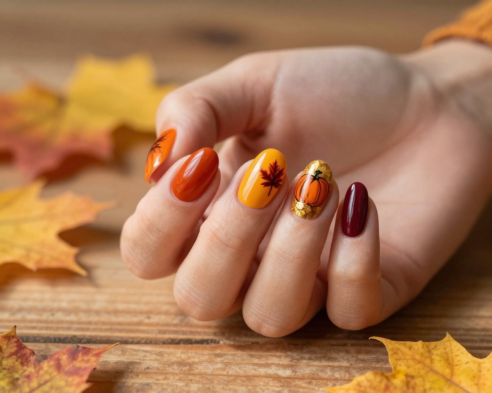 A close-up view of beautifully manicured nails featuring autumn-inspired colors in rich hues of orange, burgundy, and golden yellow. Each nail is adorned with intricate leaf and pumpkin motifs, showcasing a harmonious blend of seasonal elements. The foreground captures the nails delicately resting on a textured wooden table, while the background features softly blurred autumn leaves in warm colors, evoking a cozy atmosphere. Natural light streams in, casting gentle shadows and highlighting the glossy finish of the nail polish. Use a shallow depth of field to emphasize the nails while creating a warm, inviting mood, perfect for illustrating the beauty of autumn nail art.